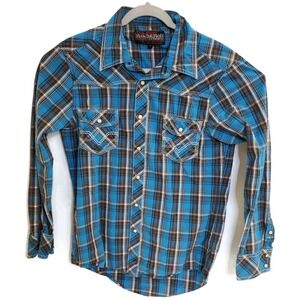 Rock & Roll Cowboy Shirt Mens Small Blue Brown Plaid Western Pearl Snap Rodeo‎